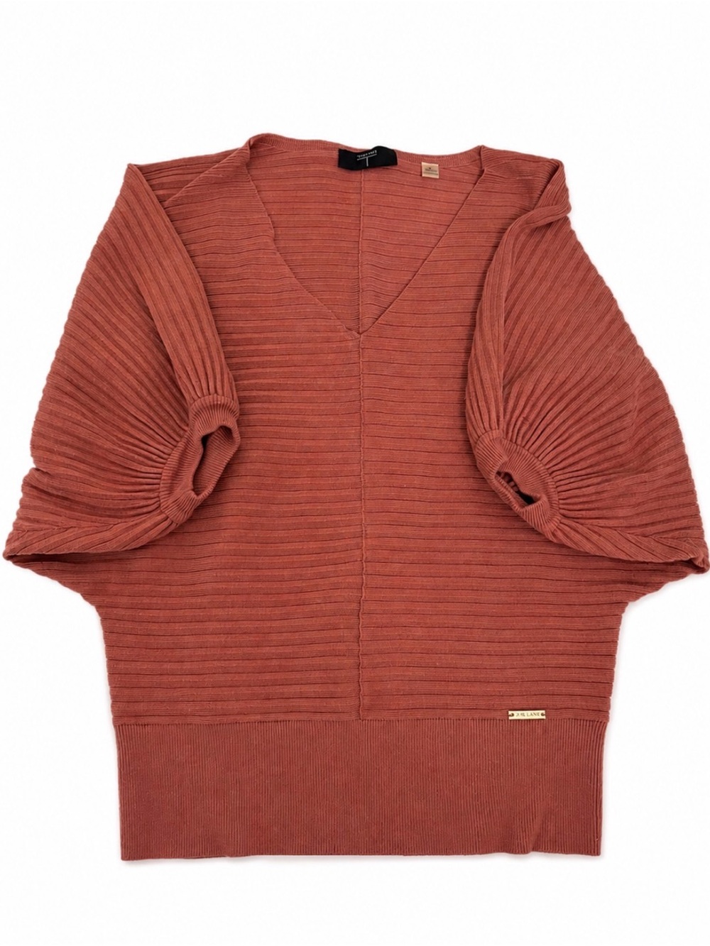🤎 Tahari Rust Ribbed V-Neck Sweater – Size XS